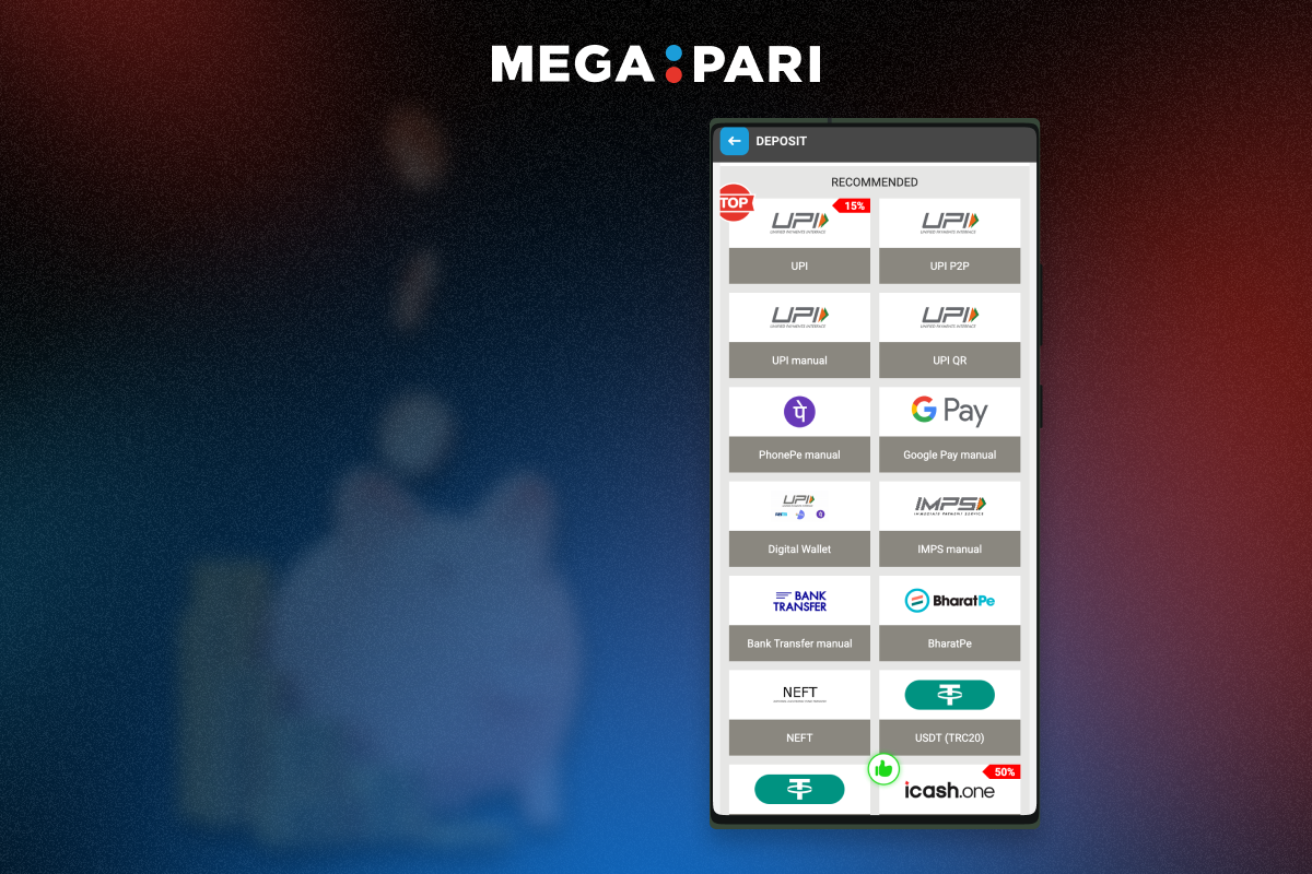 Available deposit methods at Megapari India