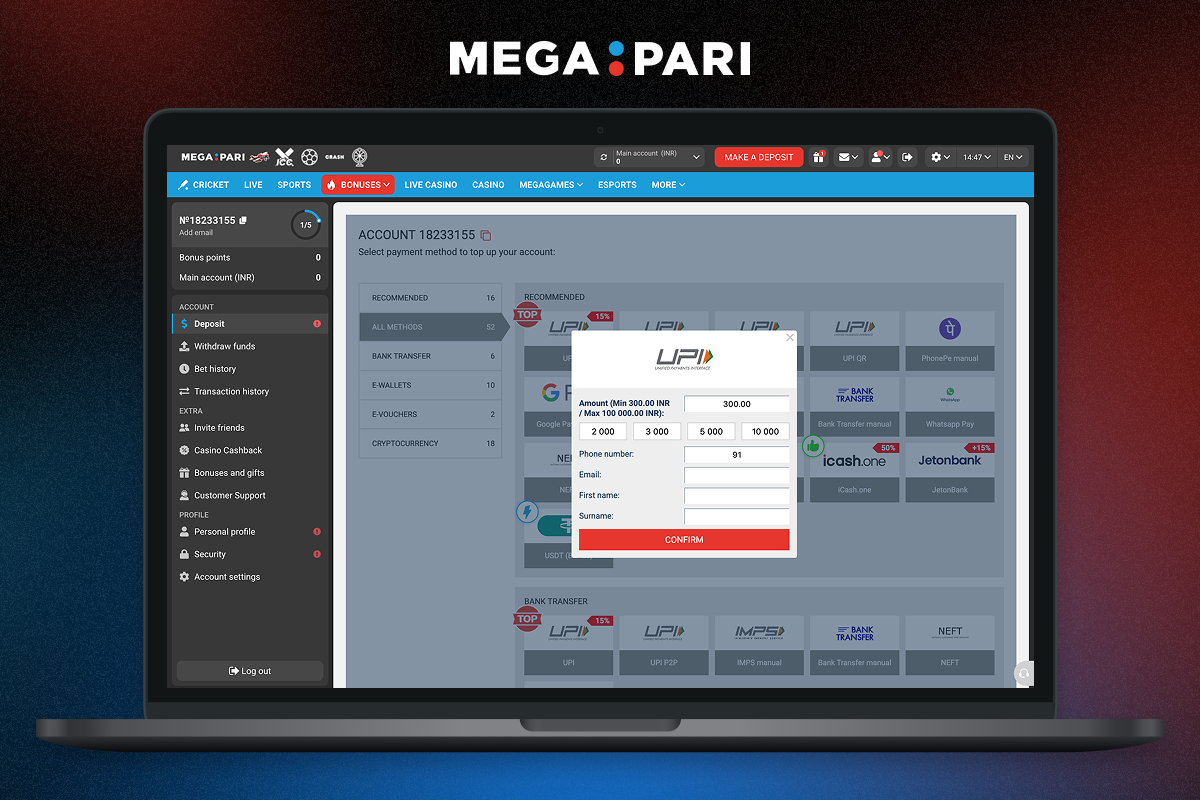 Deposit & withdrawal options at Megapari Casino